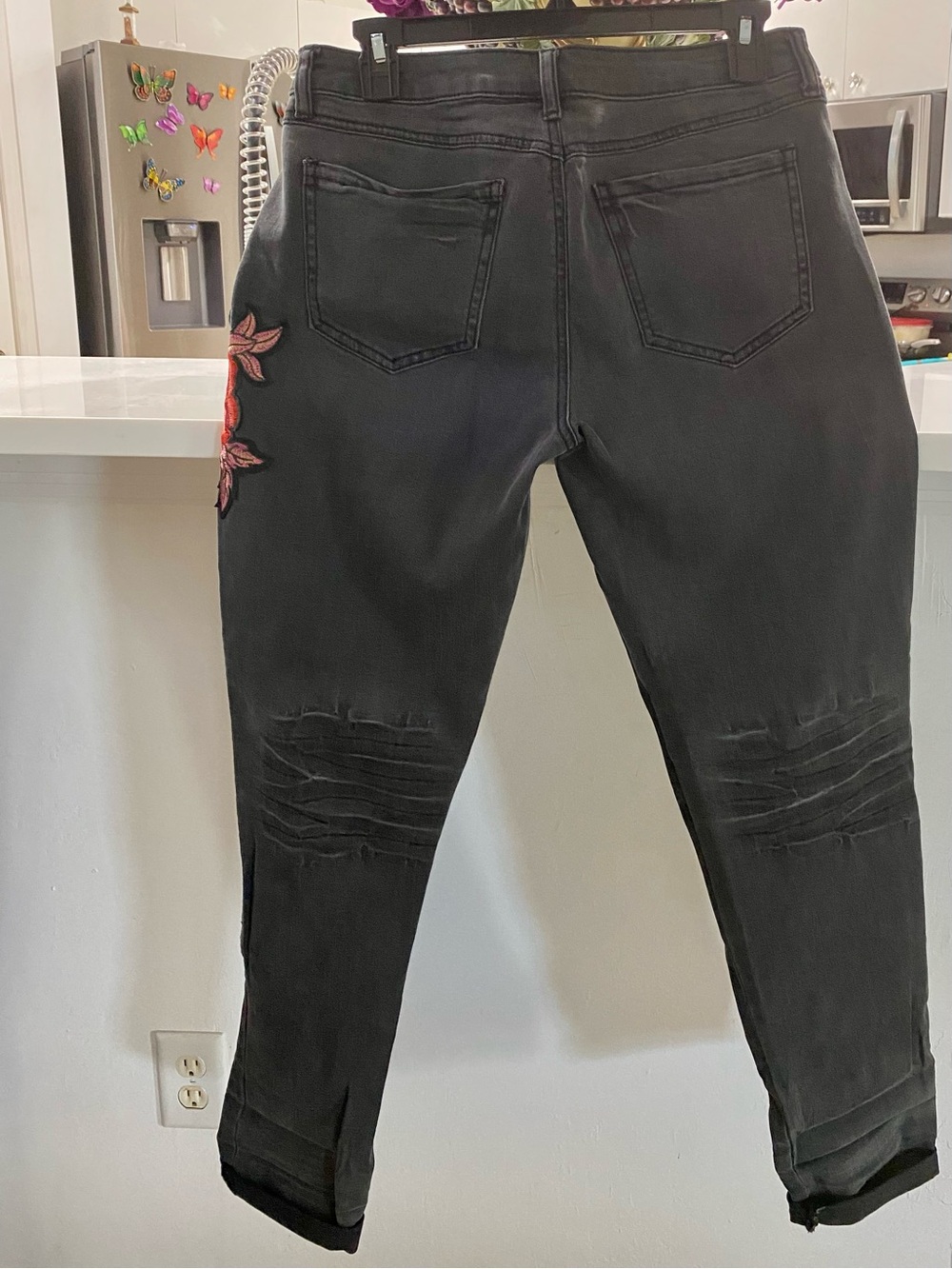 Karma Black Distressed Jeans with Red & Purple Floral Embroidery - Picture 2 of 9
